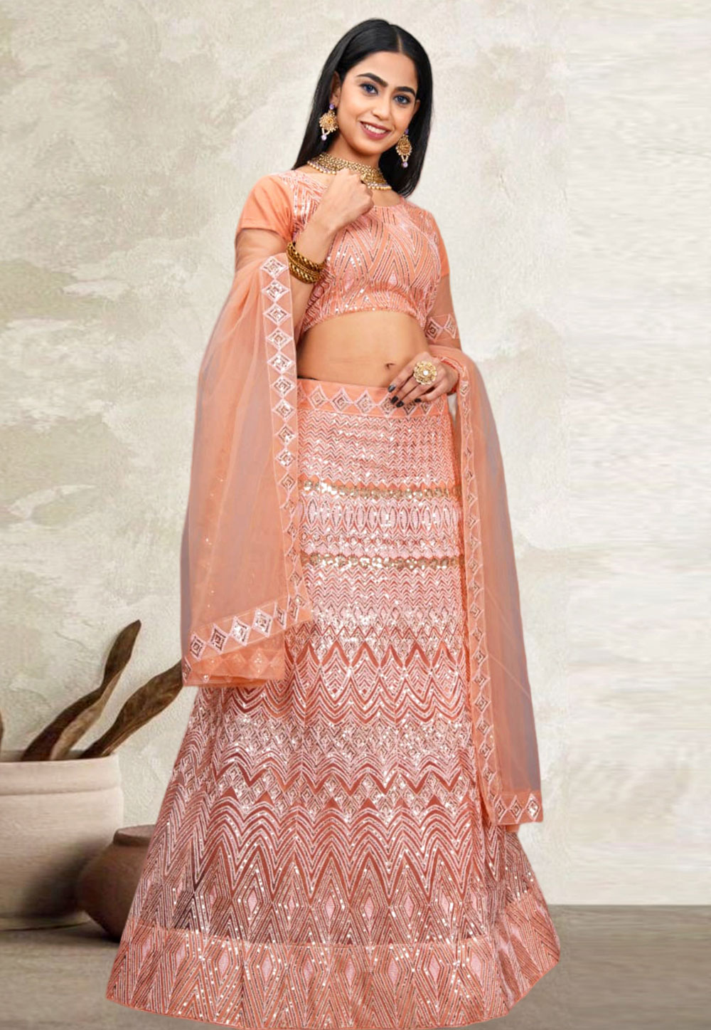Peach Net A Line Lehenga Choli 287582