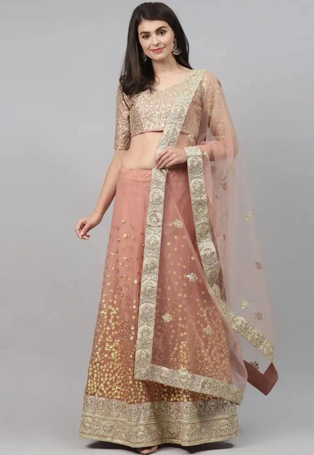 Peach Net A Line Lehenga Choli 288543