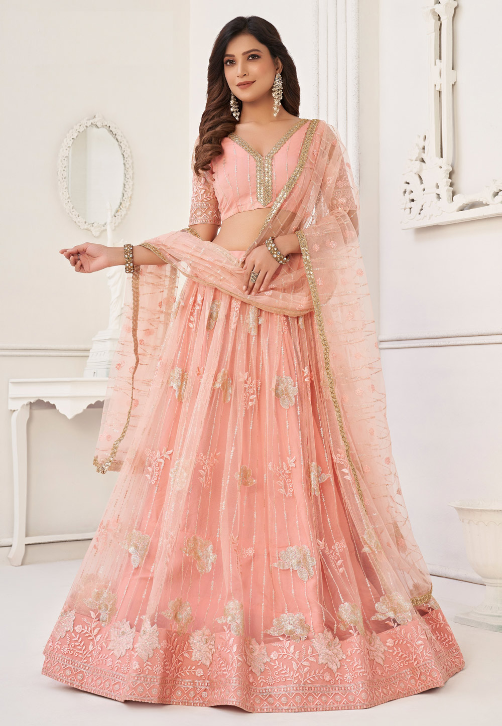 Peach Net Circular Lehenga Choli 278675