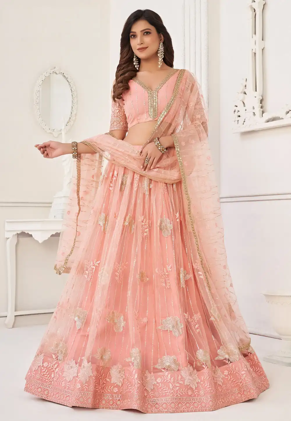 Peach Net Circular Lehenga Choli 278675
