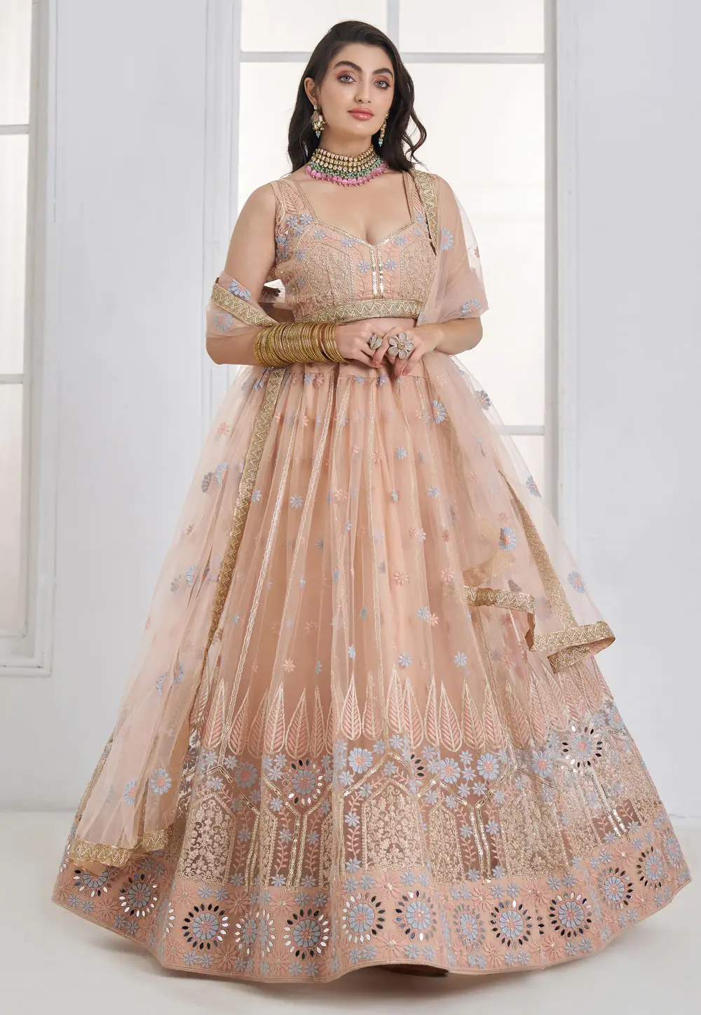 Peach Net Circular Lehenga Choli 333002