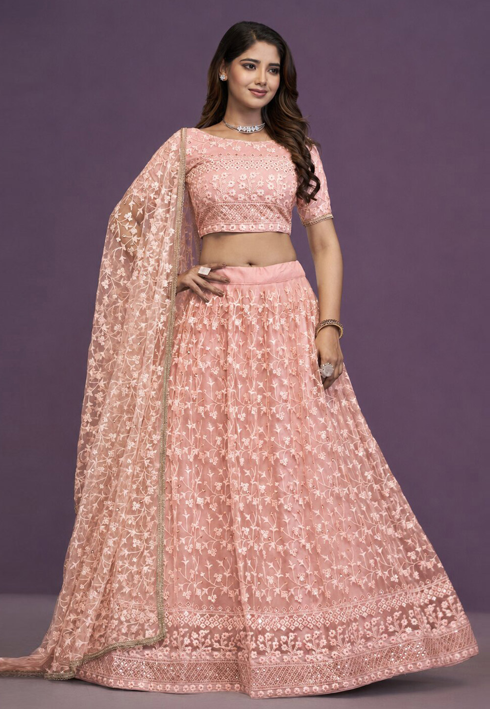 Peach Net Circular Lehenga Choli 329418