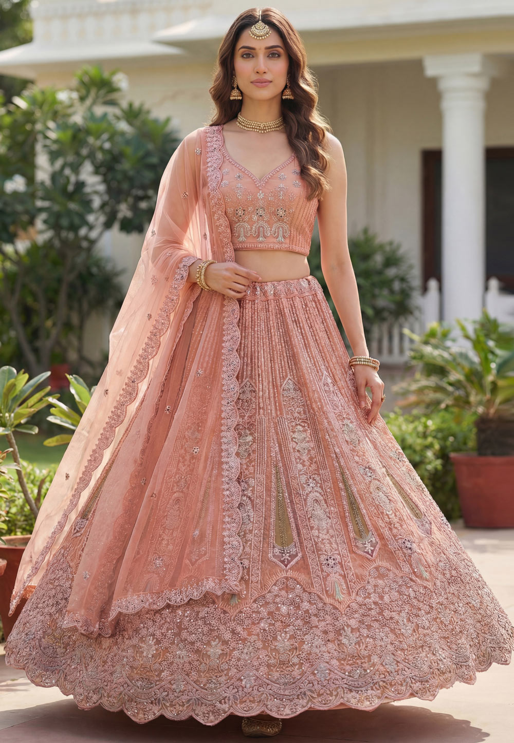 Peach Net Circular Lehenga Choli 321001