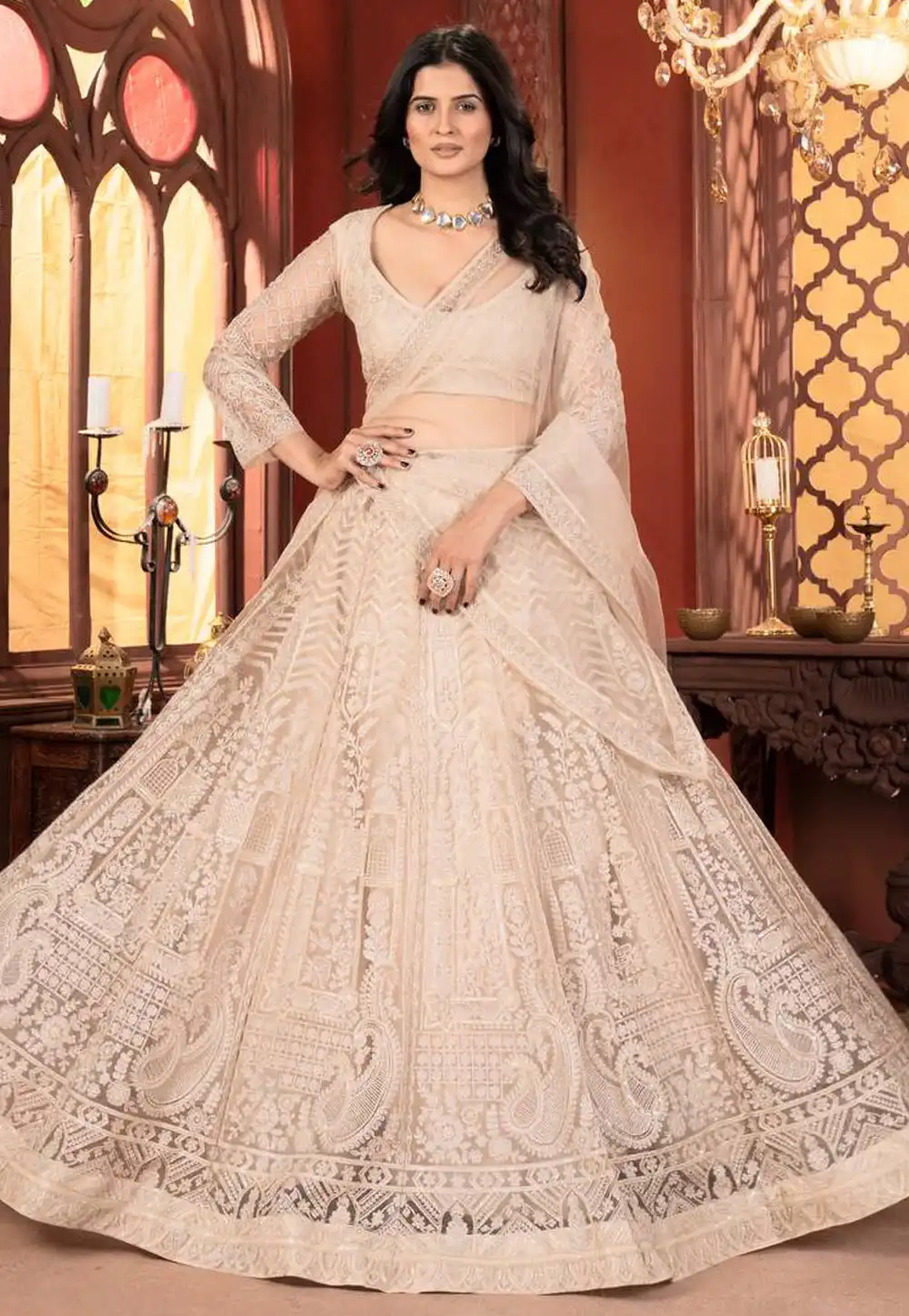 Peach Net Circular Lehenga Choli 309745