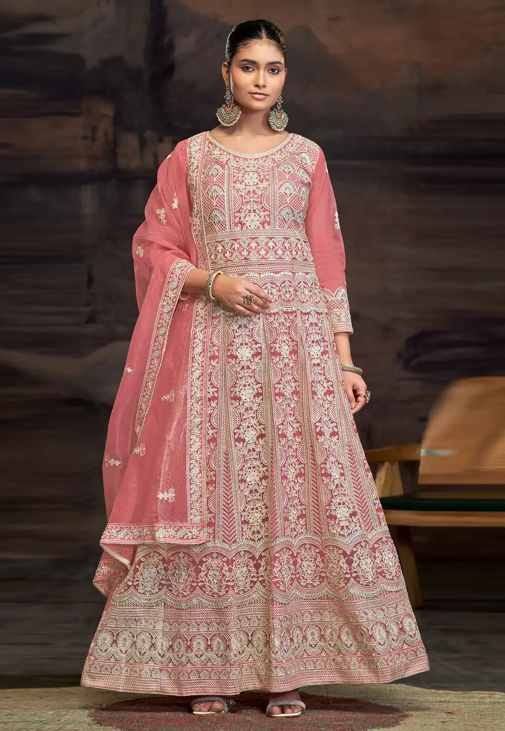 Peach Net Embroidered Anarkali Suit 307865