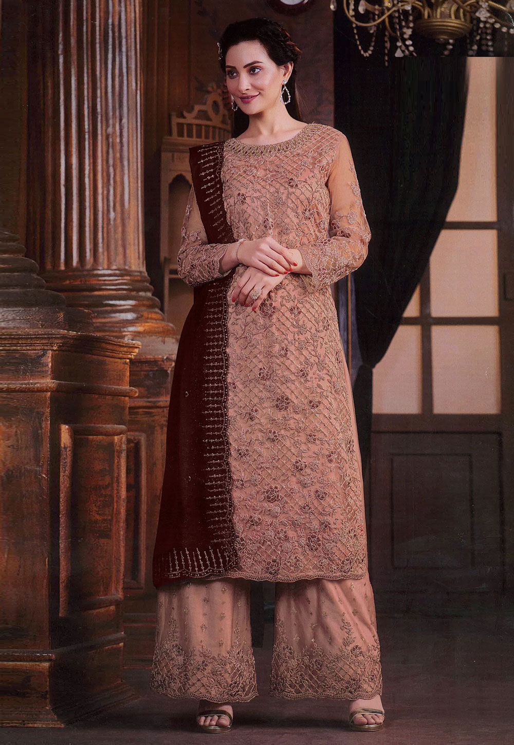 Peach Net Embroidered Pakistani Suit 284417