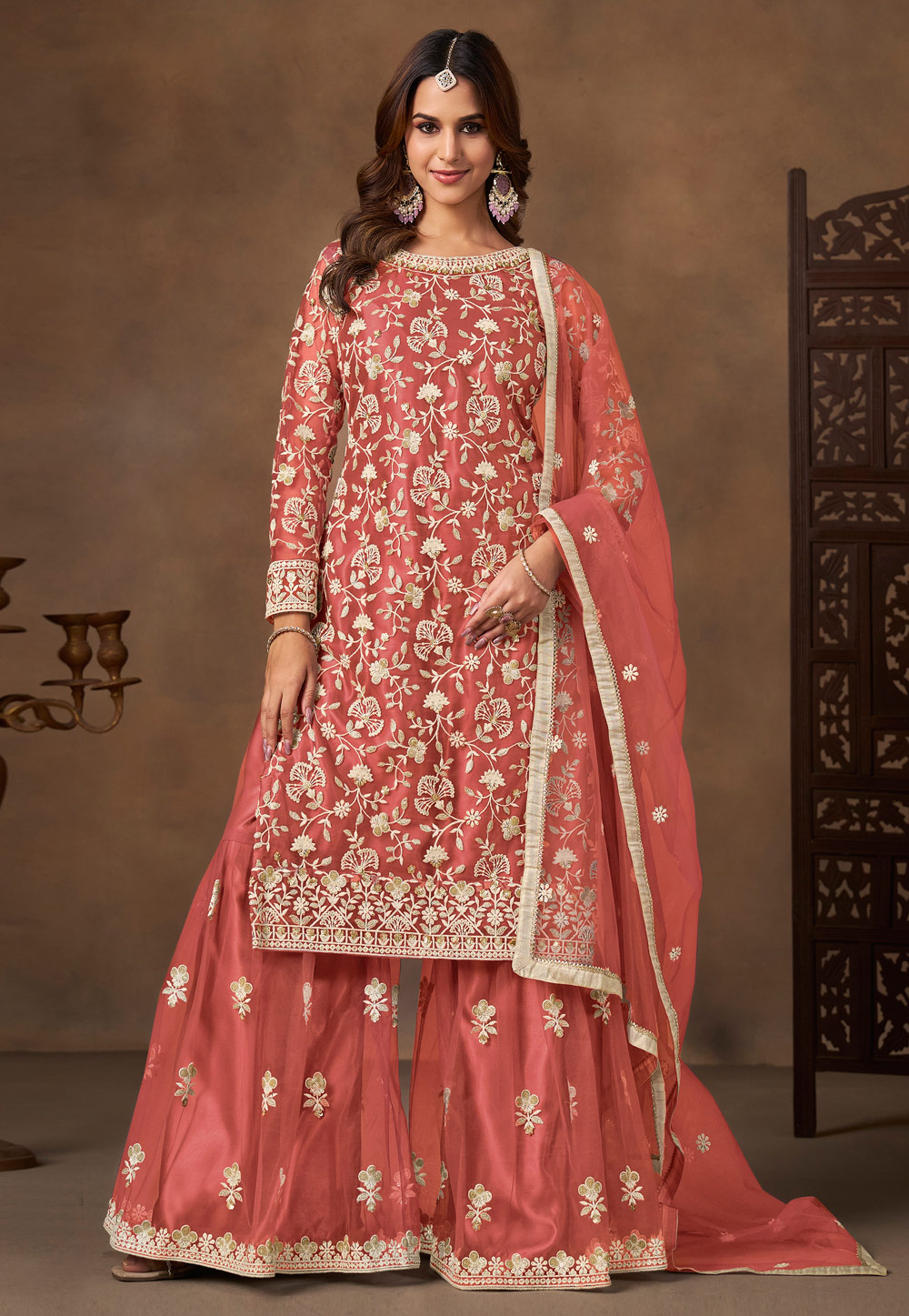 Peach Net Gharara Suit 320374