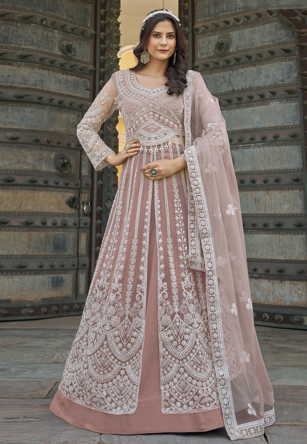 Peach Net Indo Western Lehenga Choli 312875
