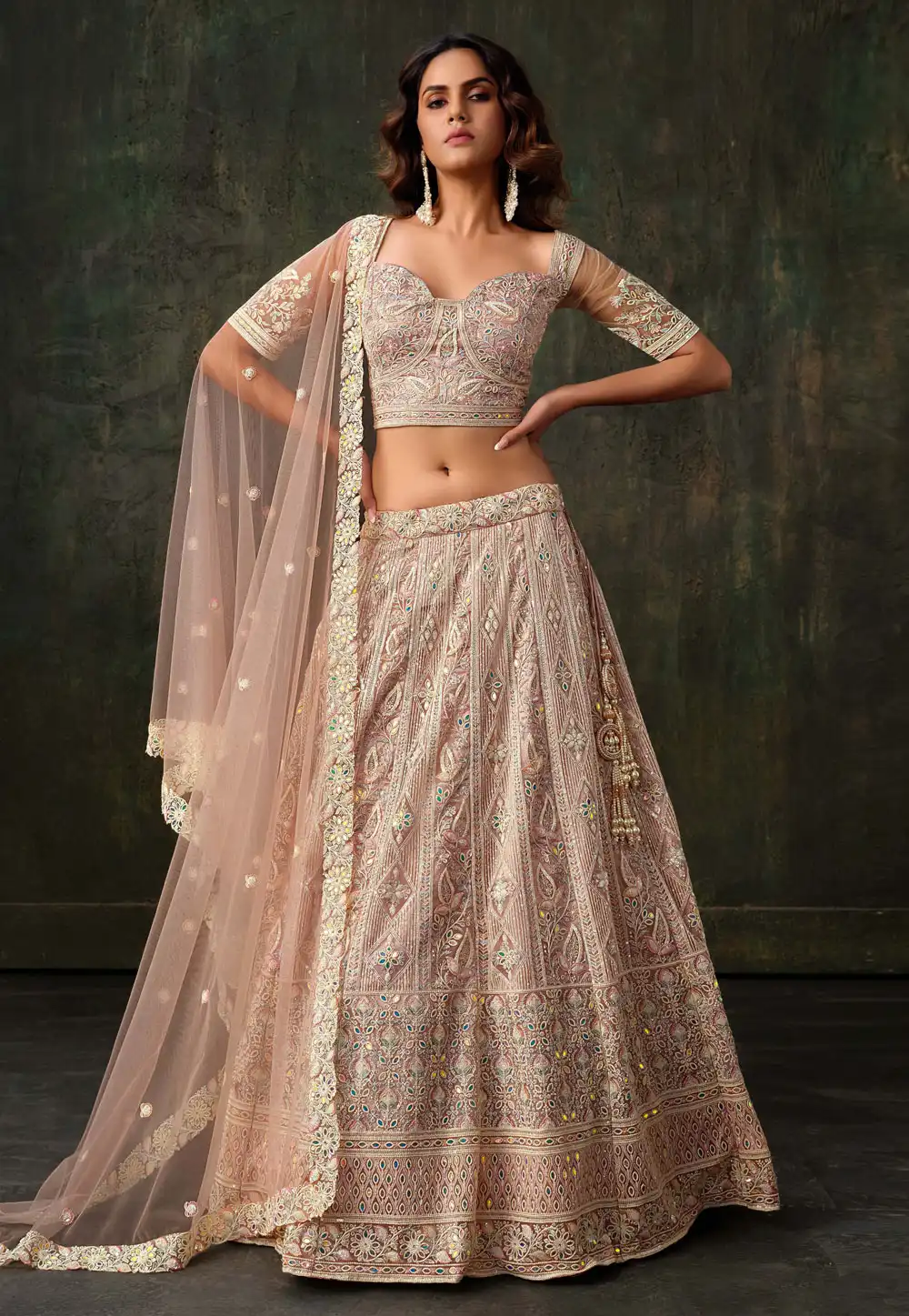 Peach Net Lehenga Choli For Wedding 316948