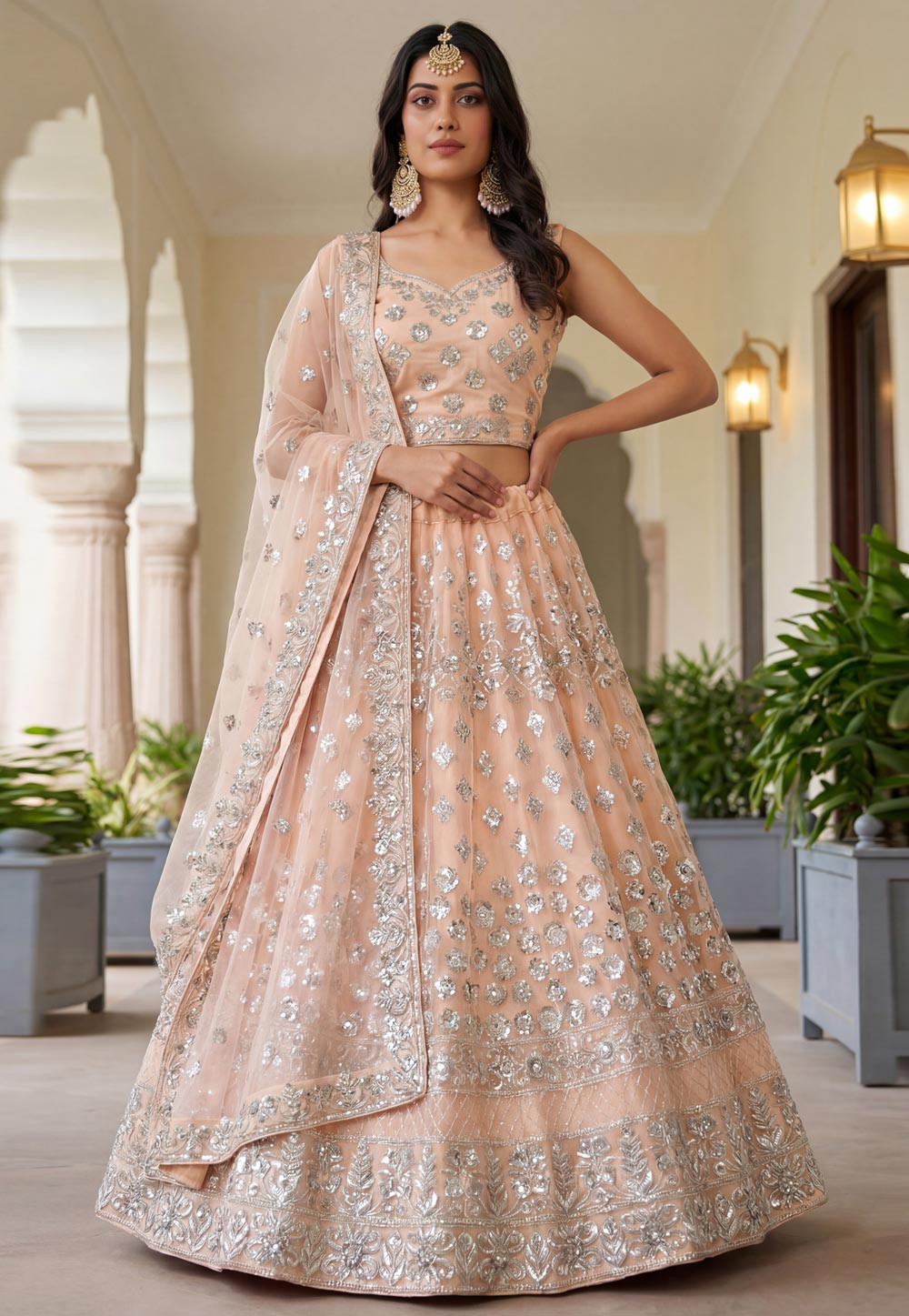 Peach Net Lehenga Choli For Wedding 323512