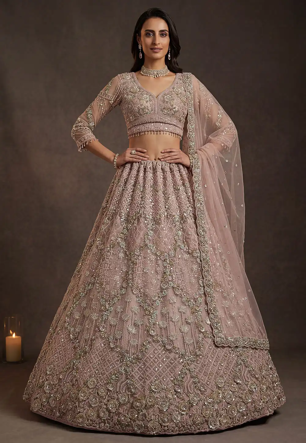 Peach Net Lehenga Choli For Wedding 327818