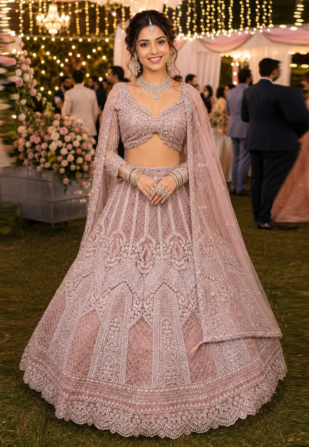 Peach Net Lehenga Choli For Wedding 330146