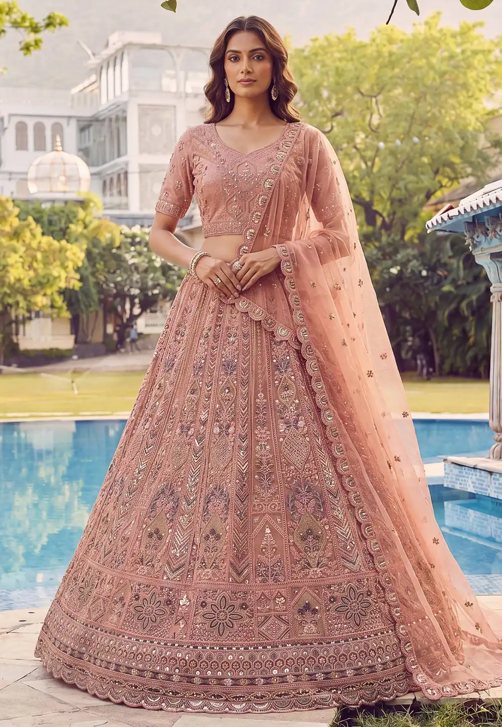 Peach Net Lehenga Choli For Wedding 329121