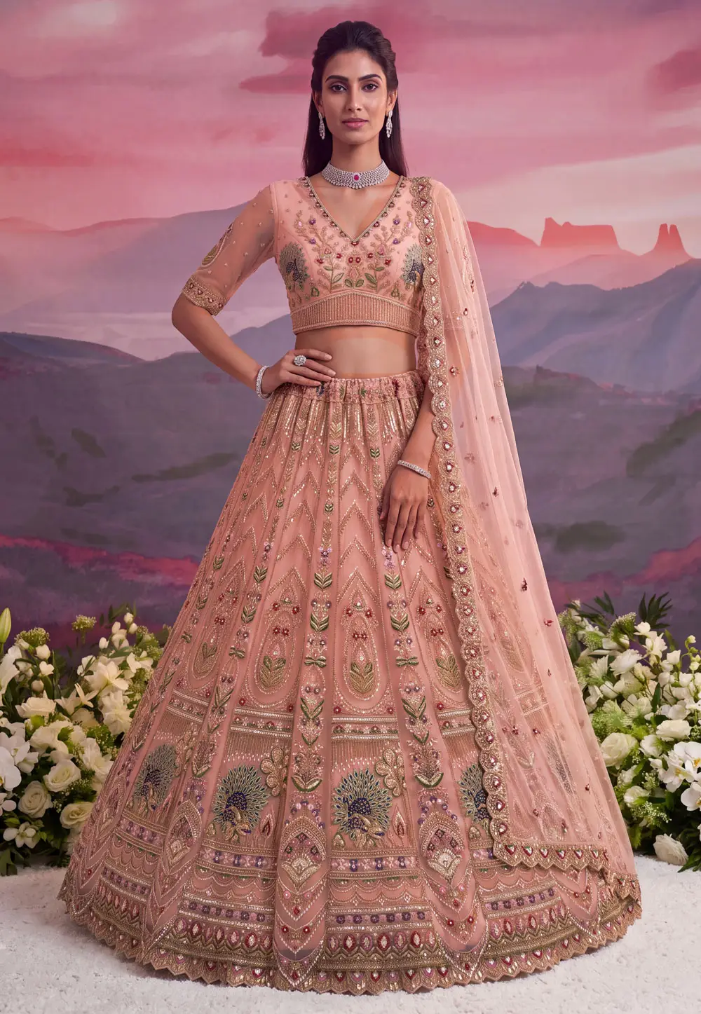 Peach Net Lehenga Choli For Wedding 336105