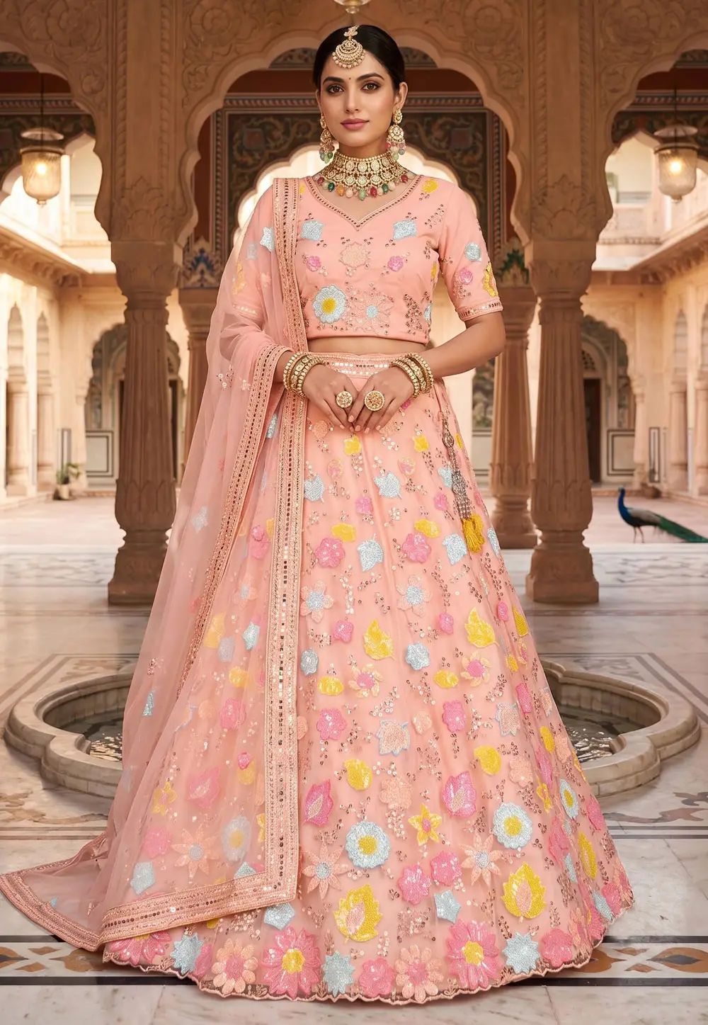 Peach Net Lehenga Choli 334584