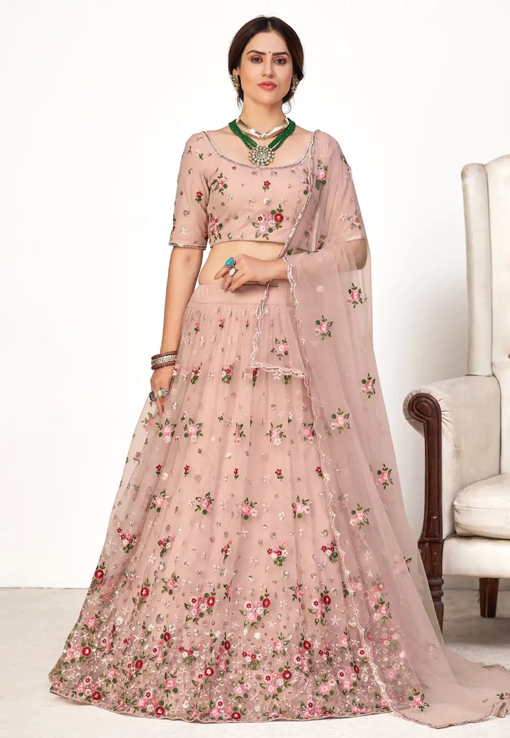 Peach Net Lehenga Choli 288540