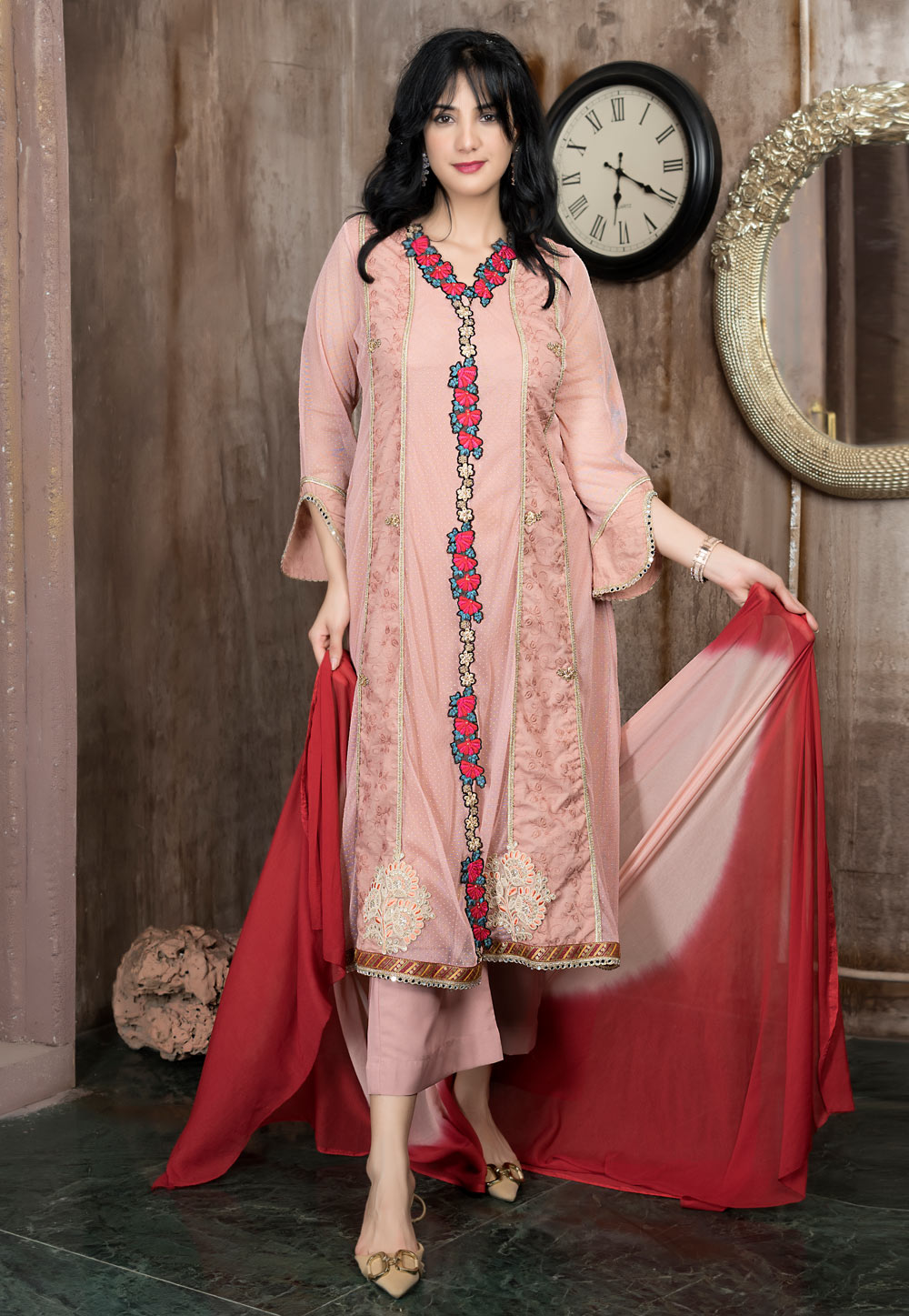Peach Net Readymade Anarkali Suit 312996