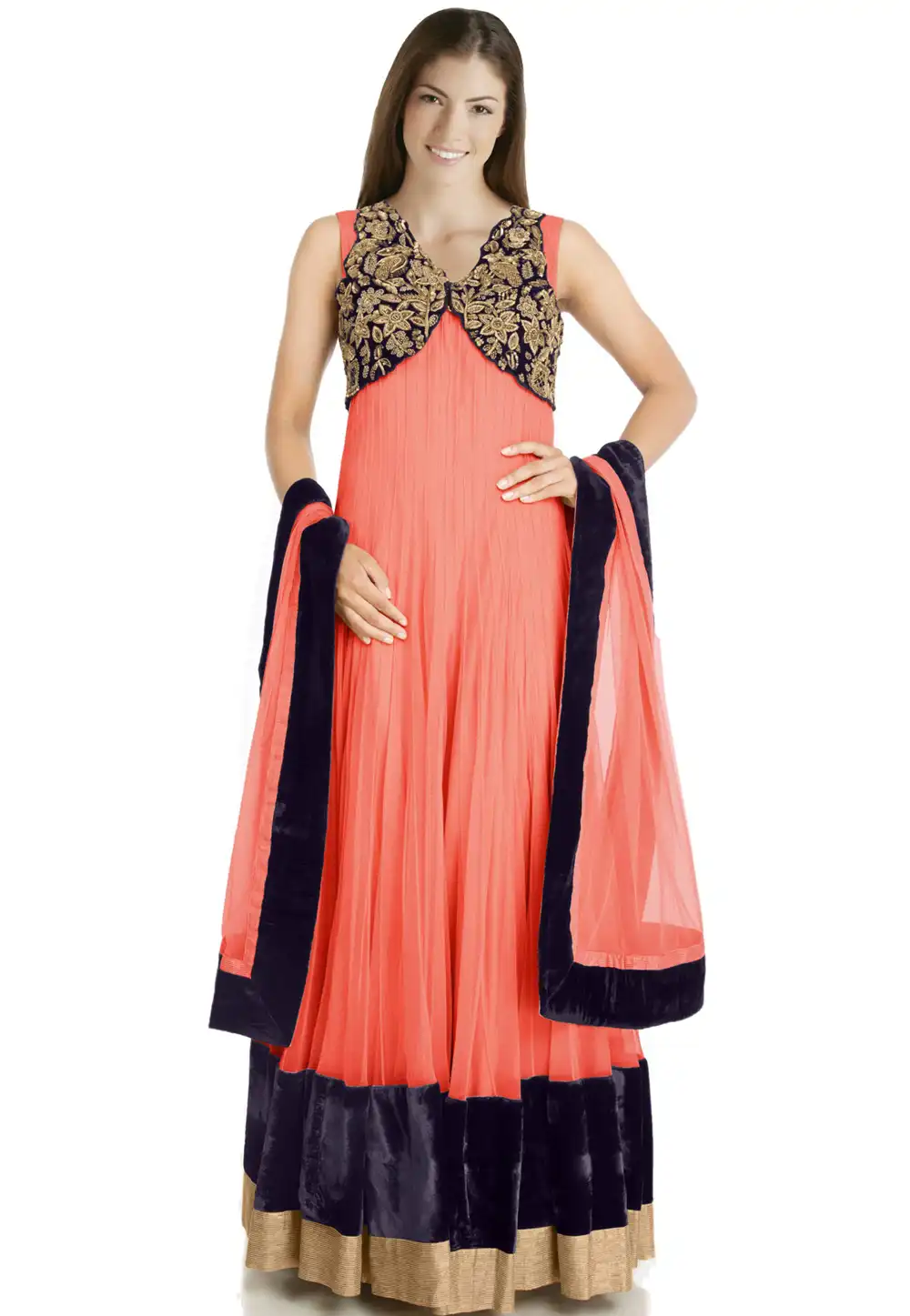 Peach Net Readymade Anarkali Suit 322186