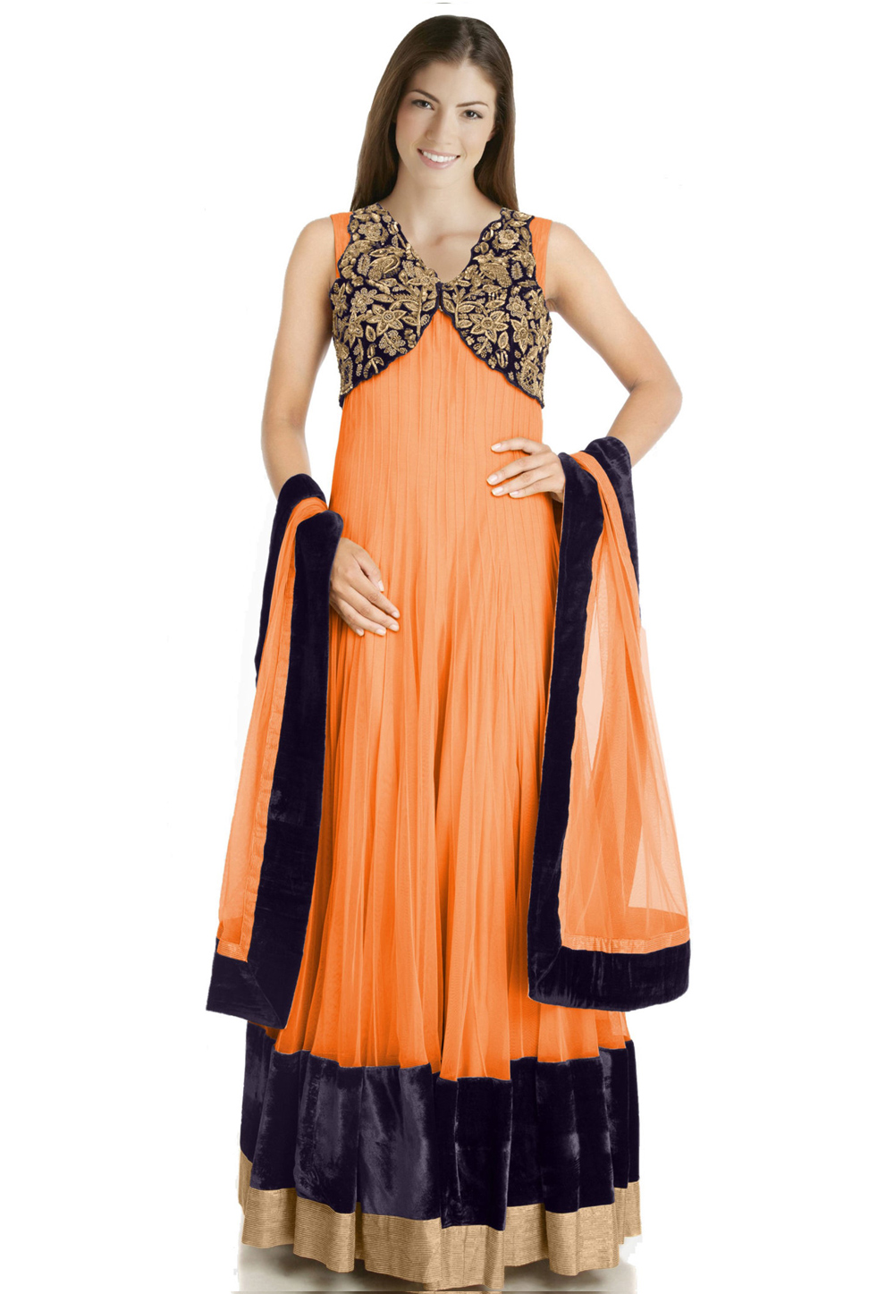 Peach Net Readymade Anarkali Suit 322190