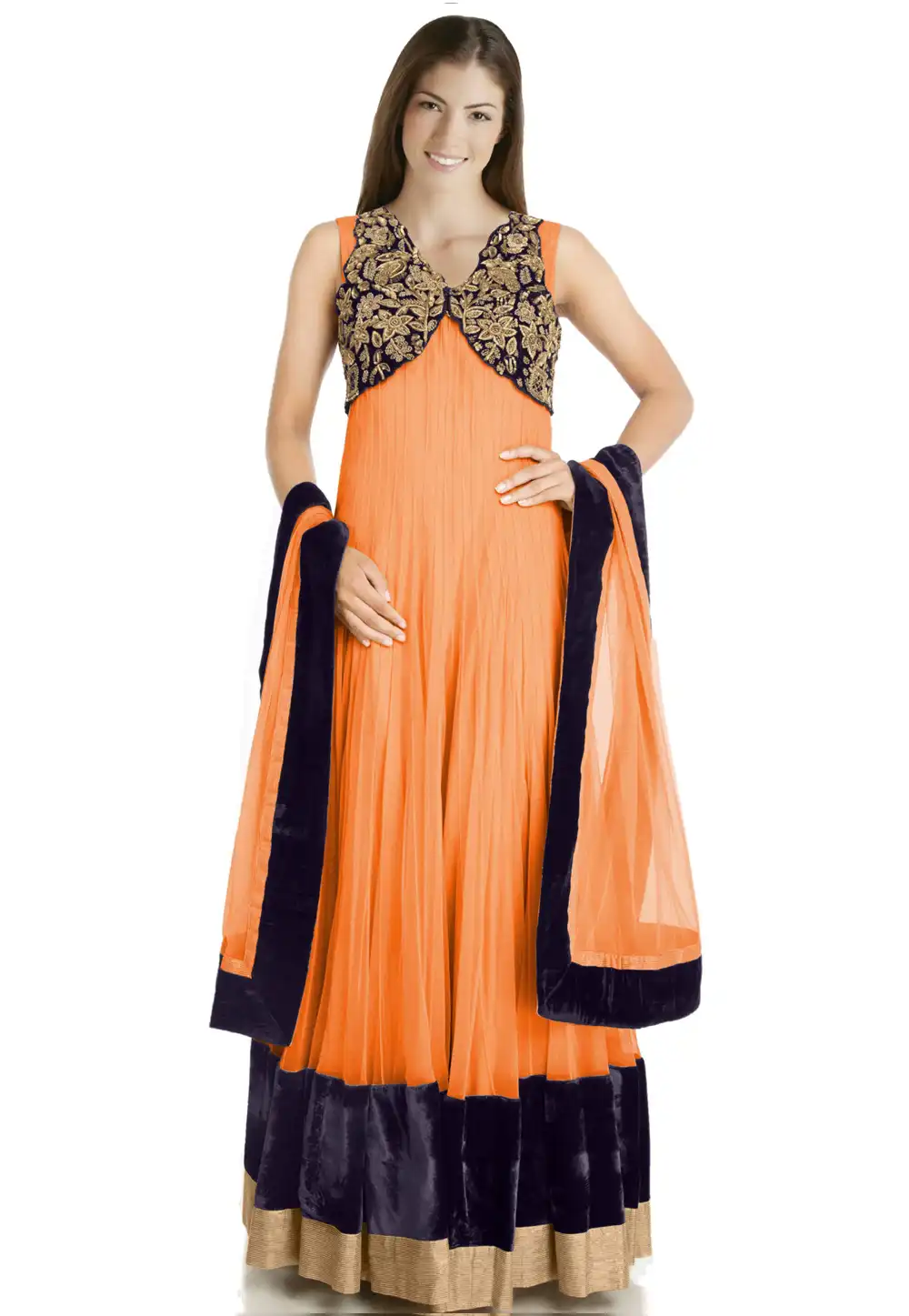 Peach Net Readymade Anarkali Suit 322190