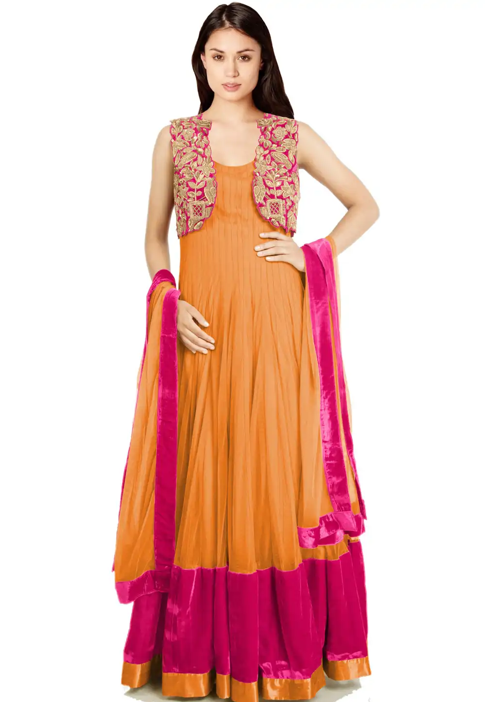 Peach Net Readymade Long Anarkali Suit 322201