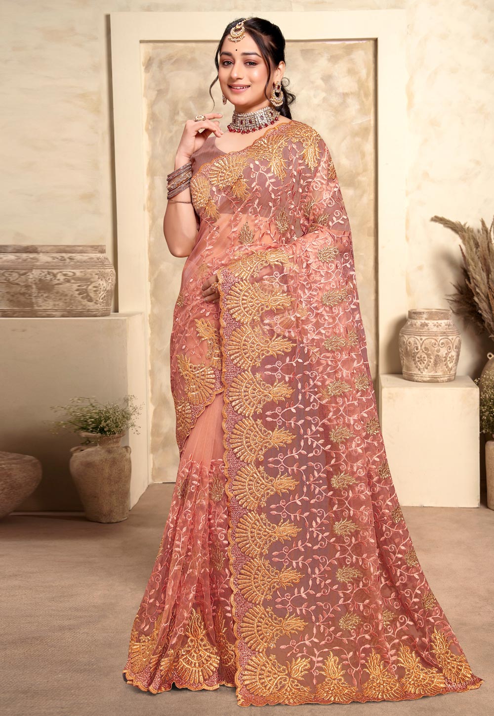 Peach Net Saree With Blouse 280322