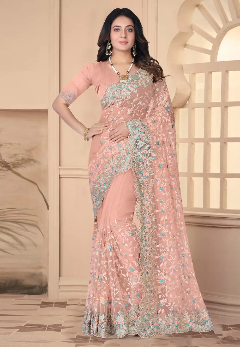 Peach Net Saree With Blouse 288263