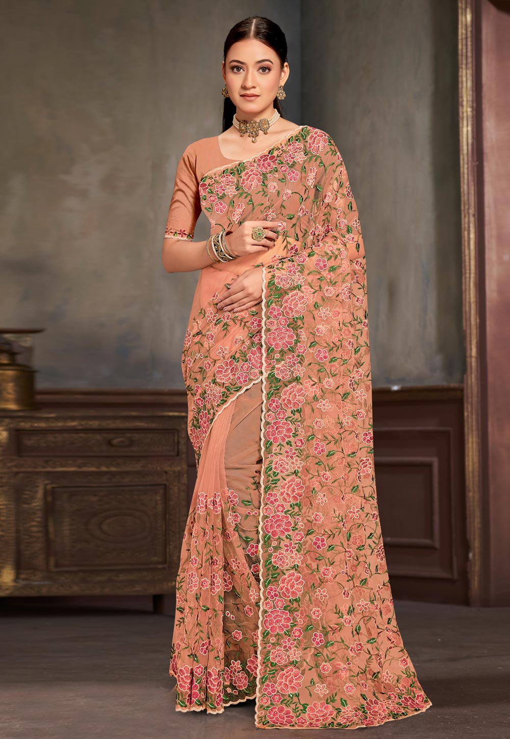 Peach Net Saree With Blouse 306762