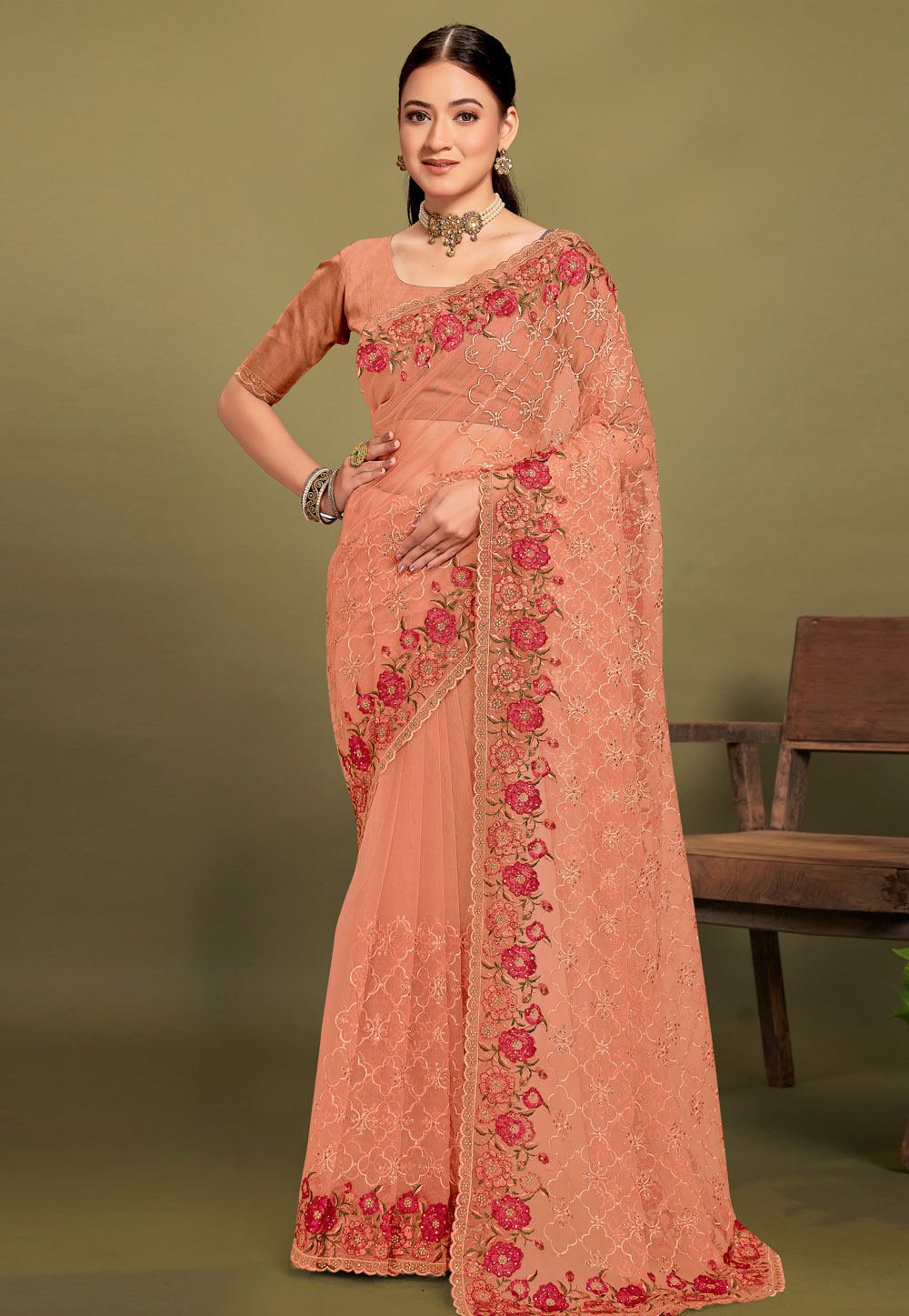 Peach Net Saree With Blouse 306756