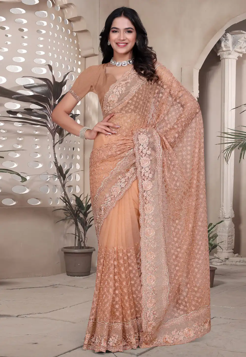 Peach Net Saree With Blouse 314469