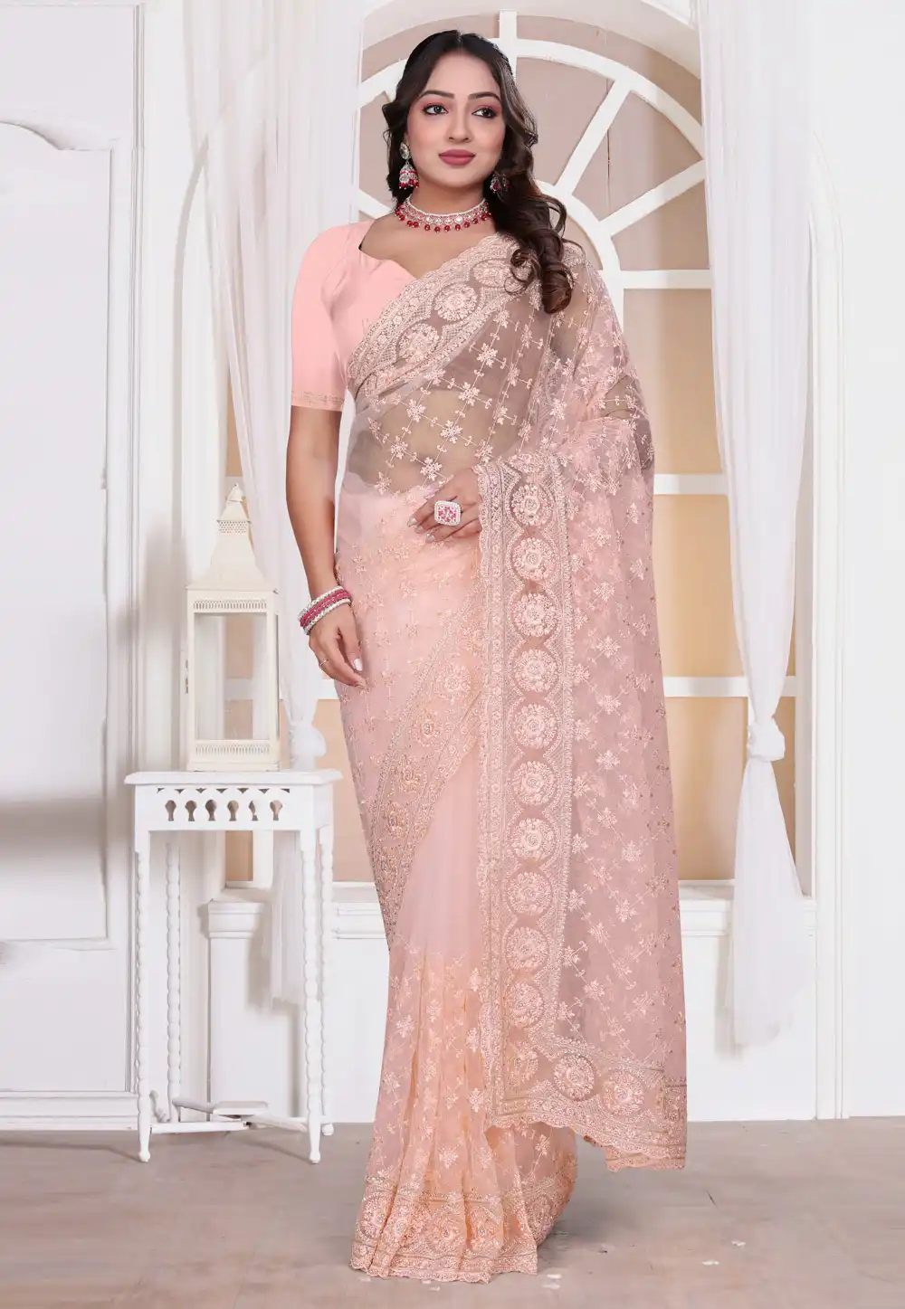 Peach Net Saree With Blouse 314641