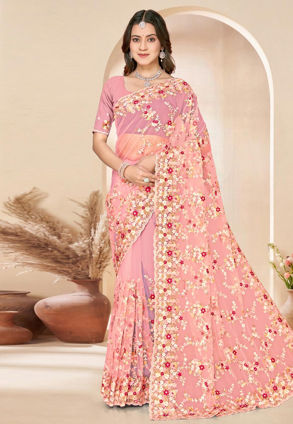 Peach Net Saree With Blouse 324914