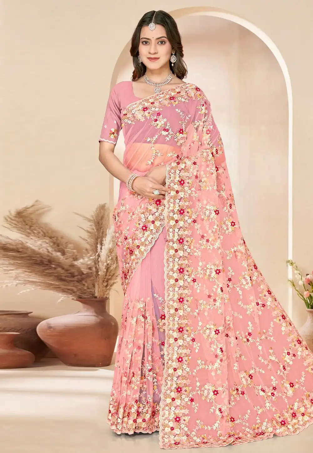 Peach Net Saree With Blouse 324914