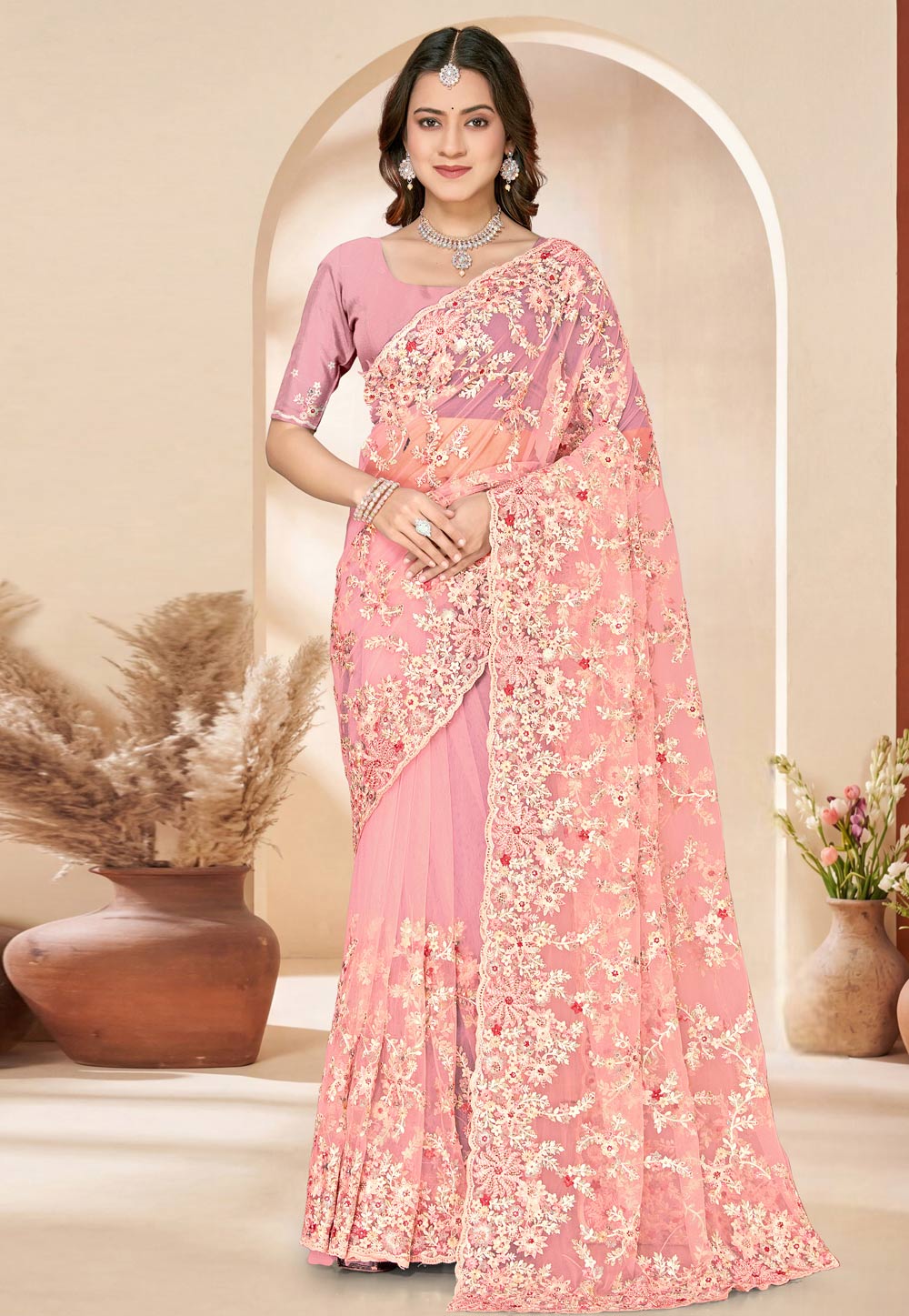 Peach Net Saree With Blouse 325412