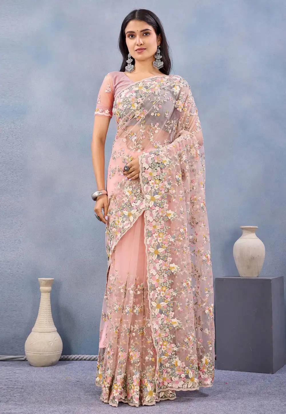 Peach Net Saree With Blouse 327632