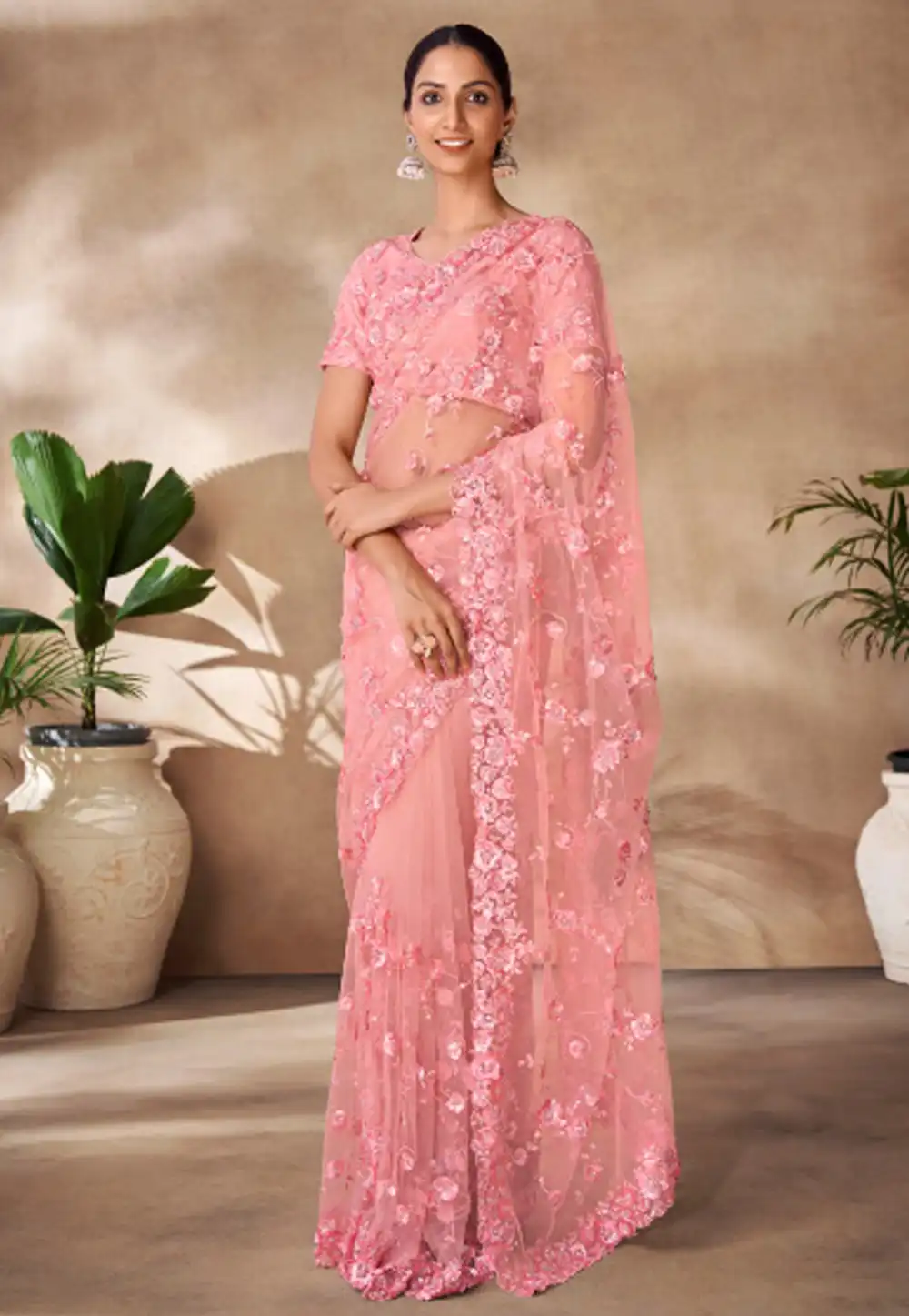 Peach Net Saree With Blouse 288565