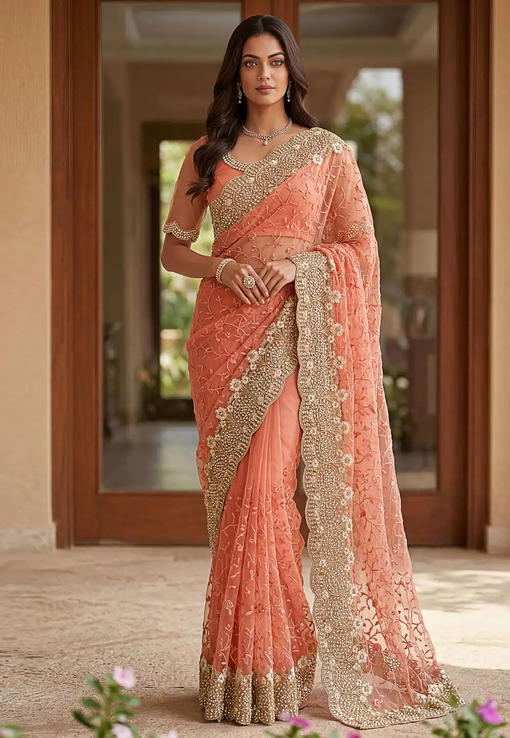 Peach Net Saree With Blouse 328067
