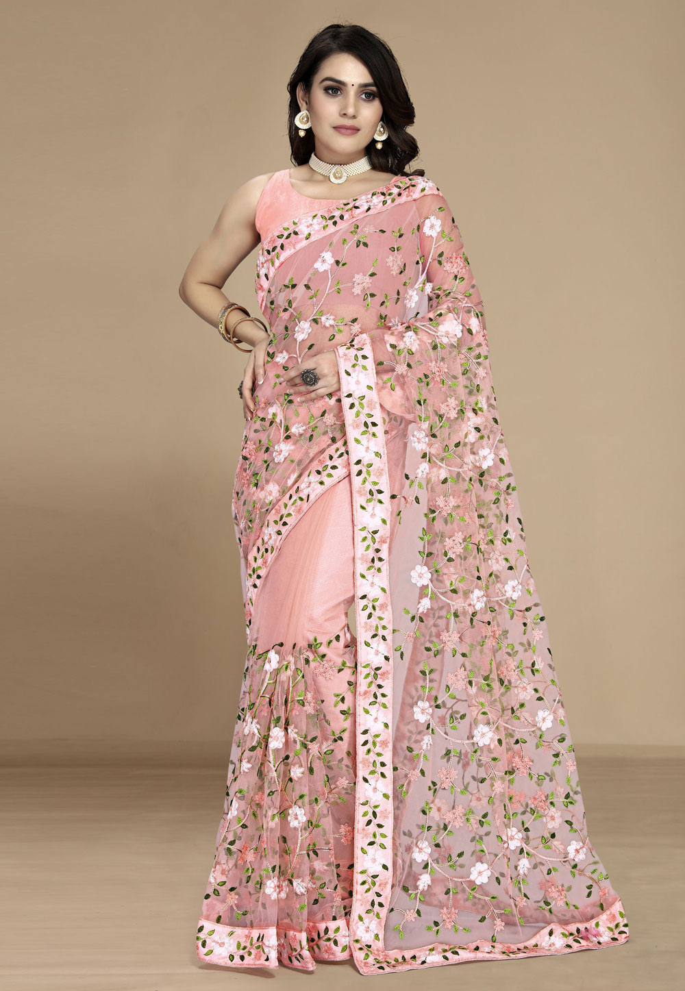 Peach Net Saree With Blouse 311593