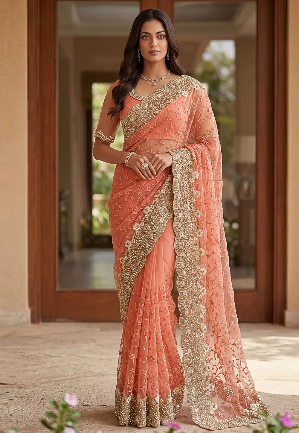 Peach Net Saree With Blouse 330562