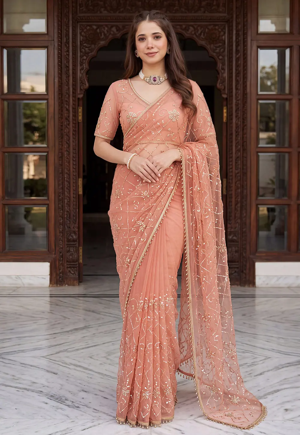 Peach Net Saree With Blouse 331761