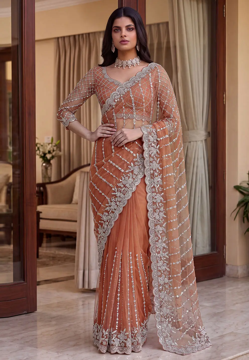 Peach Net Saree With Blouse 334803