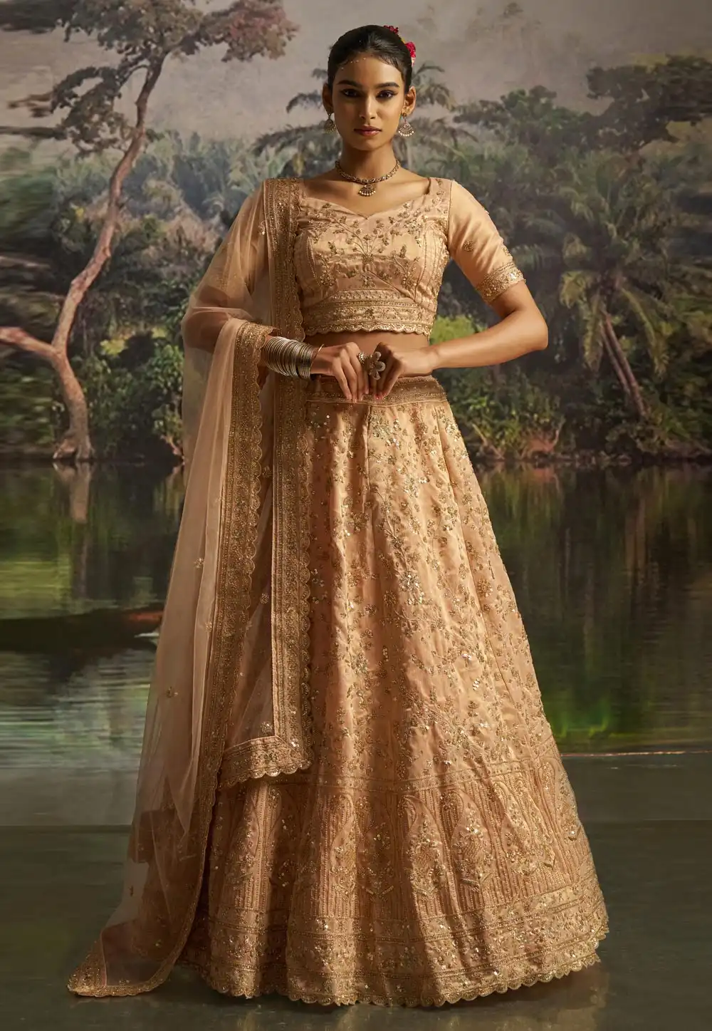 Peach Net Wedding Lehenga Choli 316381