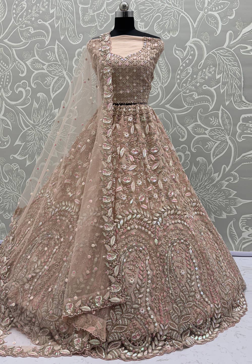 Peach Net Wedding Lehenga Choli 312094