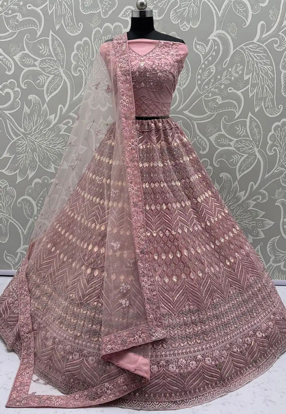 Peach Net Wedding Lehenga Choli 317492