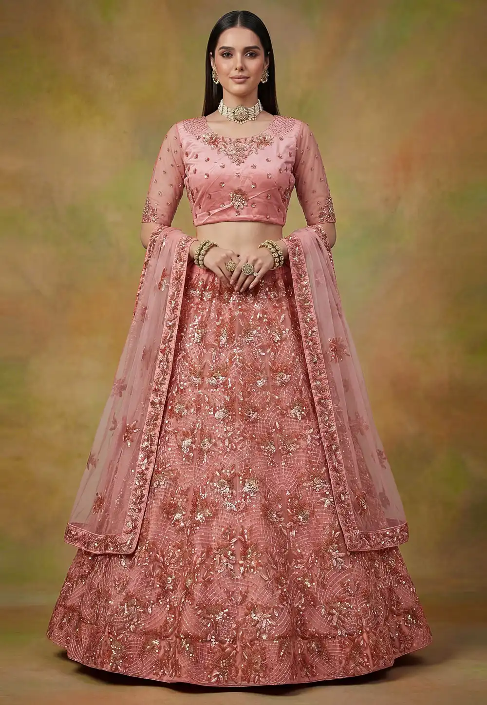 Peach Net Wedding Lehenga Choli 326319