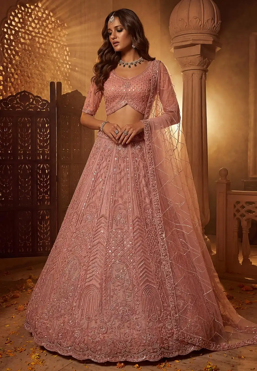 Peach Net Wedding Lehenga Choli 330171
