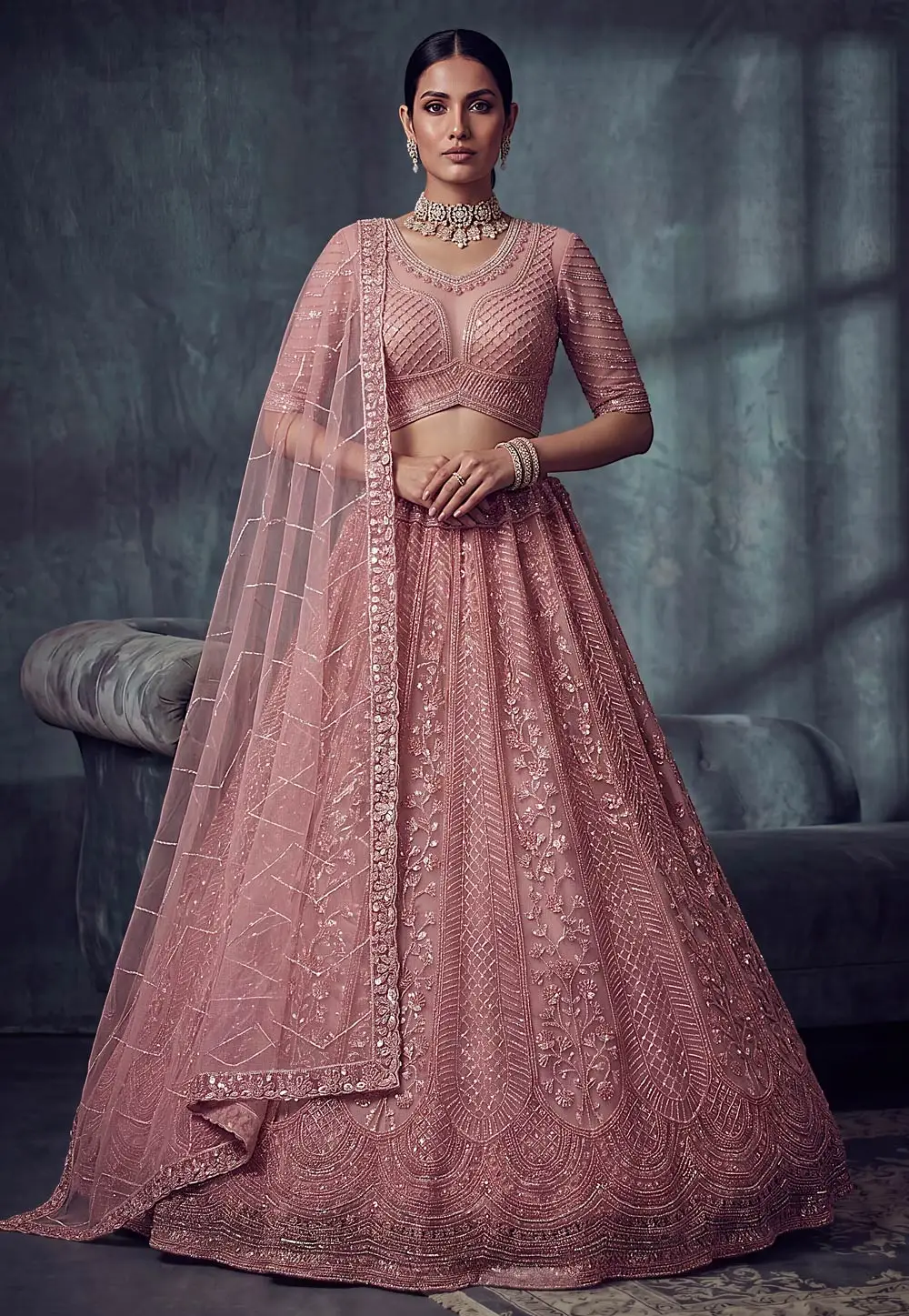 Peach Net Wedding Lehenga Choli 331192