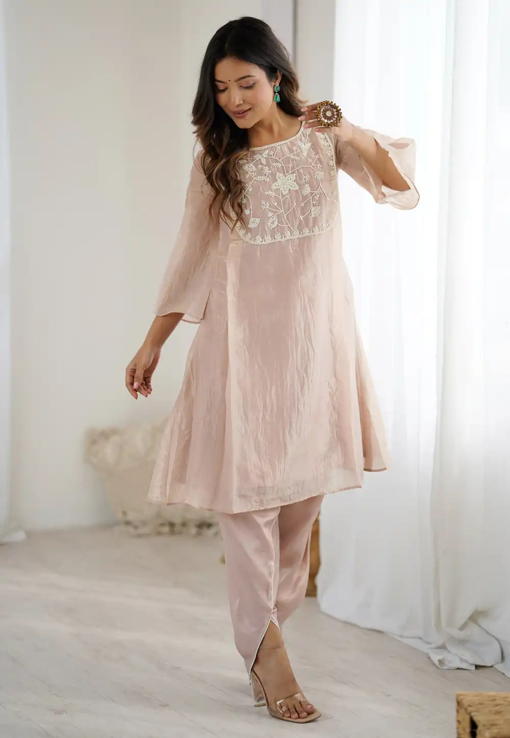 Peach Organza Kurta Set With Dhoti 314945