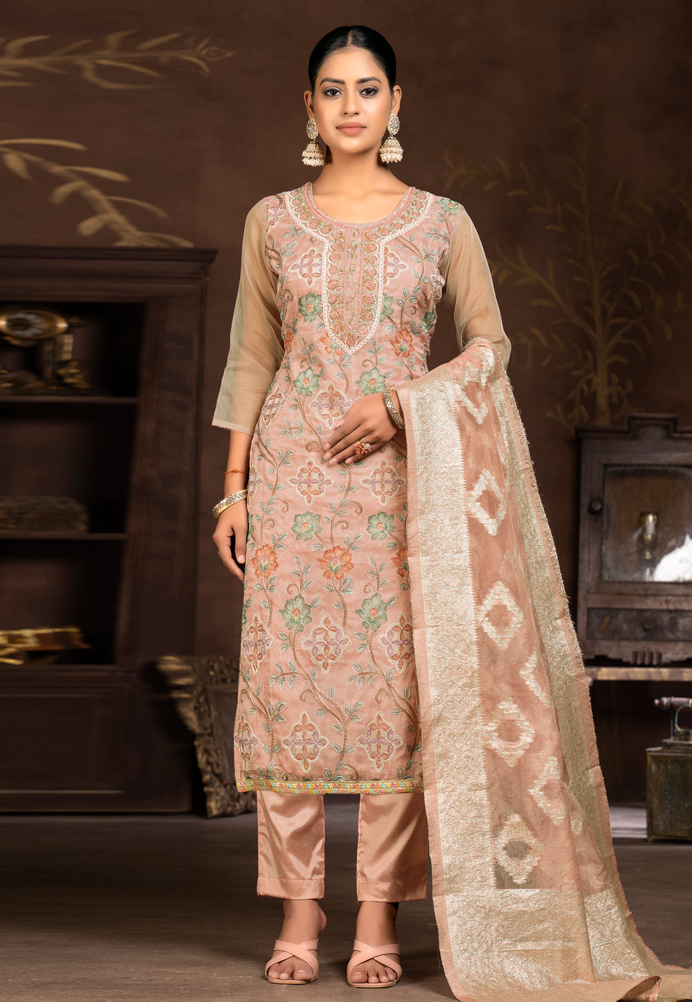 Peach Organza Pakistani Suit 281840