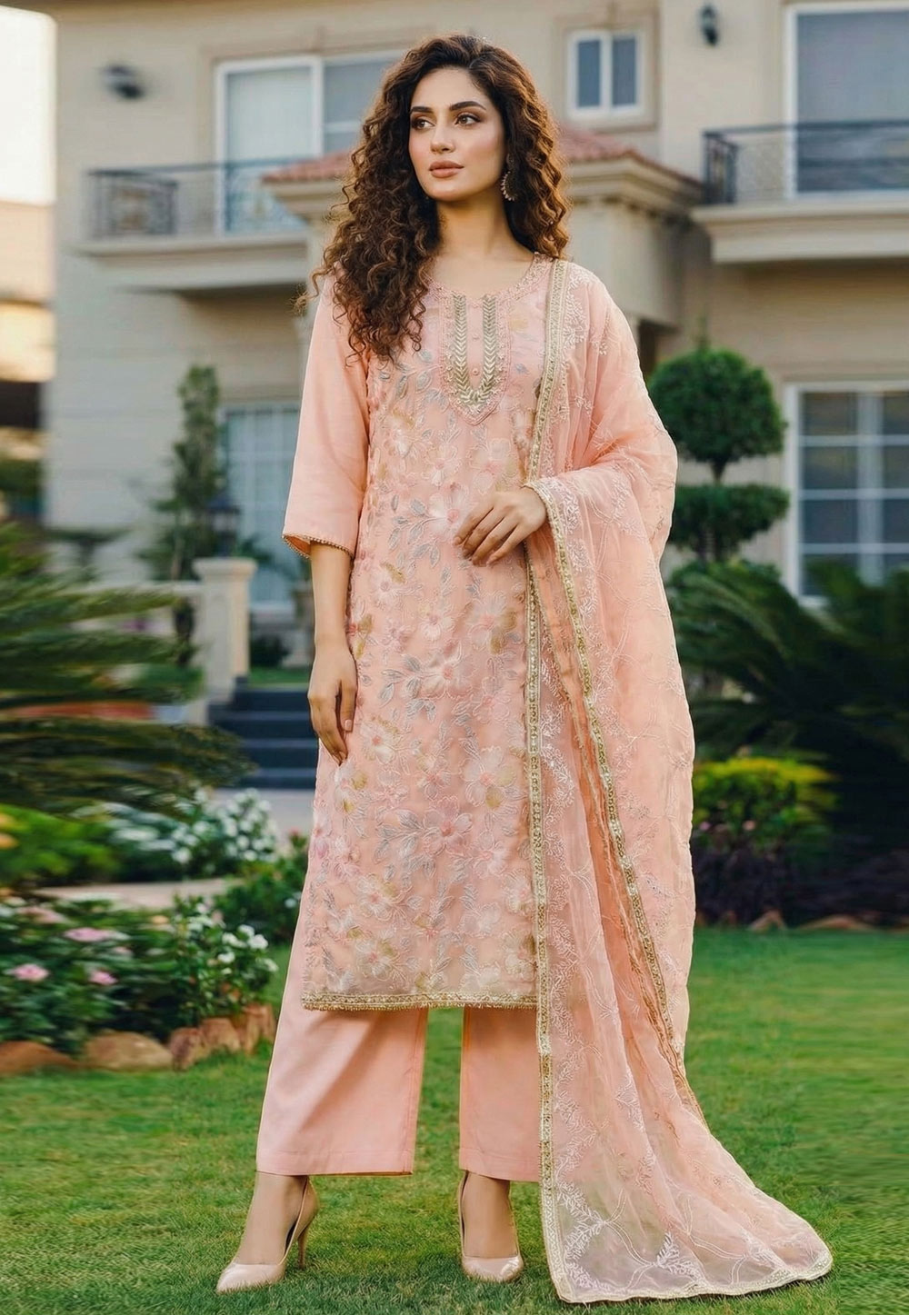 Peach Organza Palazzo Suit 326447